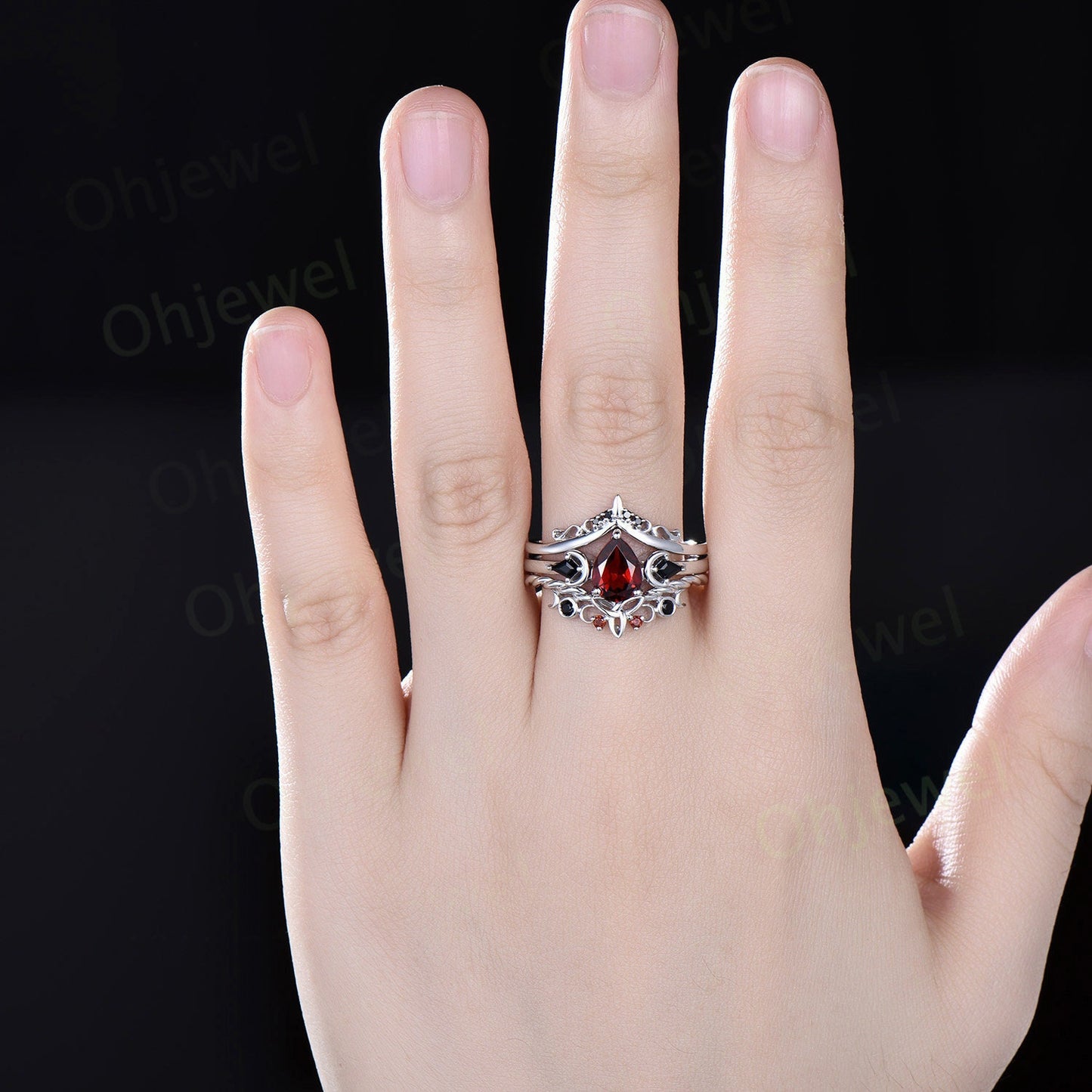 Vintage pear red garnet engagement ring white gold art deco three stone moon ring set black spinel unique anniversary promise ring women her