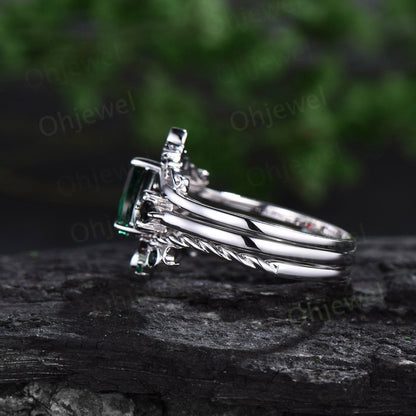 Unique pear shaped emerald engagement ring solid 14k white gold art deco moon ring set kite black spinel wedding bridal ring set women gift