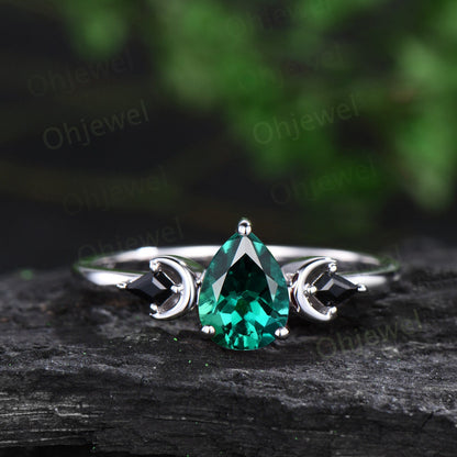 Unique pear shaped emerald engagement ring solid 14k white gold art deco moon ring set kite black spinel wedding bridal ring set women gift