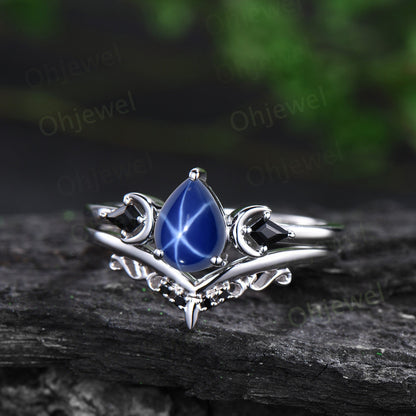 Pear shaped star sapphire ring vintage three stone kite black spinel moon ring white gold unique engagement ring antique bridal set women