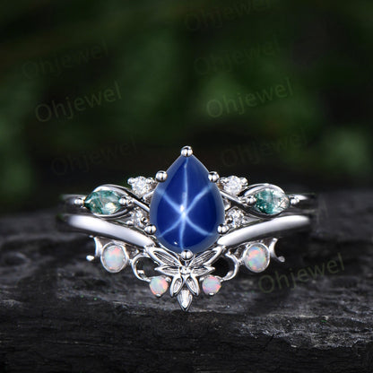 Vintage pear star sapphire engagement ring set art deco solid 14k white gold moss agate opal ring women moon Celtic knot bridal ring set