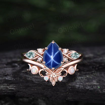 Vintage pear star sapphire engagement ring set art deco solid 14k white gold moss agate opal ring women moon Celtic knot bridal ring set