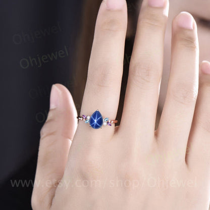 Unique pear star sapphire engagement ring solid 14k yellow gold cluster snowdrift amethyst topaz diamond bridal anniversary ring women