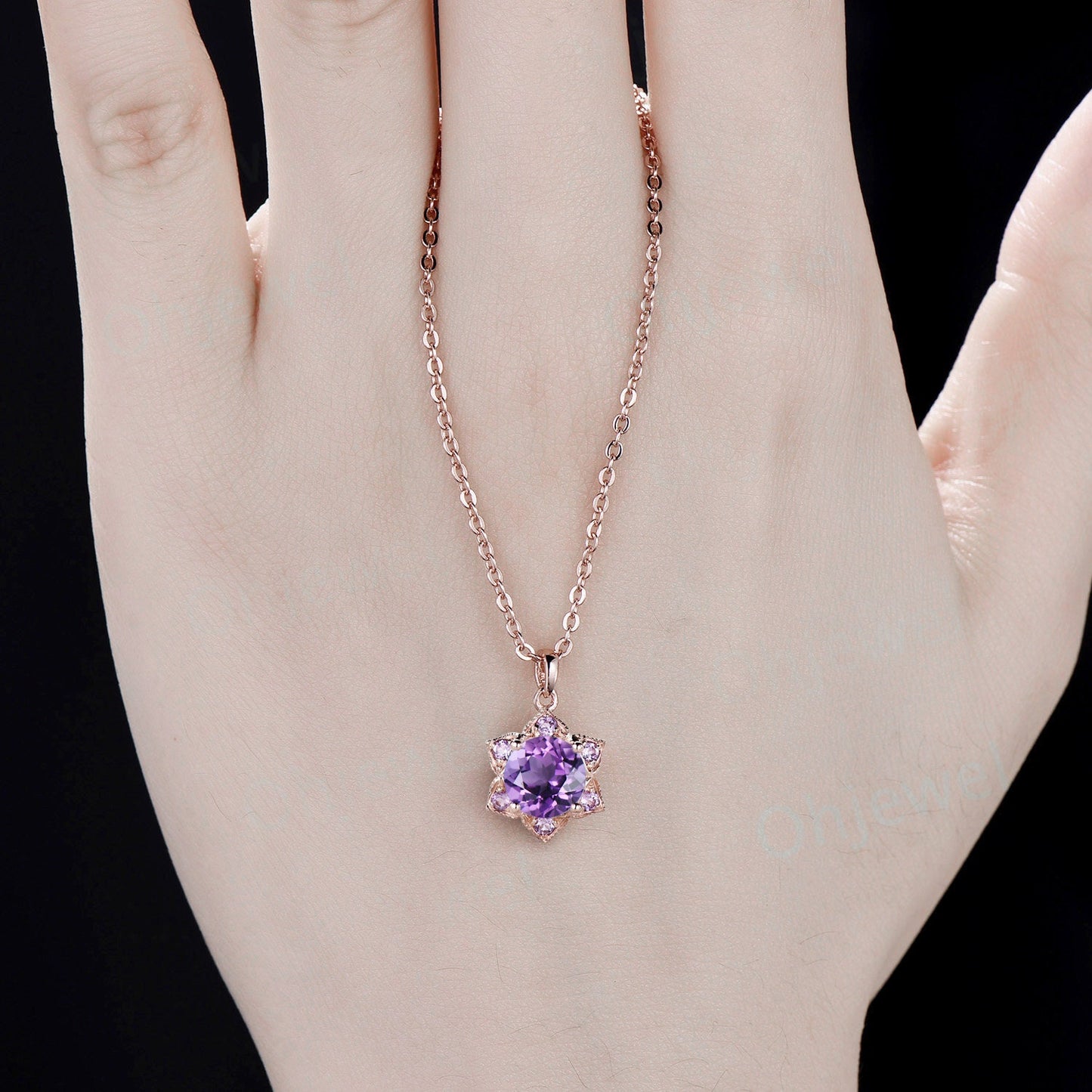 Vintage round purple amethyst necklace art deco milgrain floral unique Pendant women solid 14k rose gold crystal anniversary gift for her