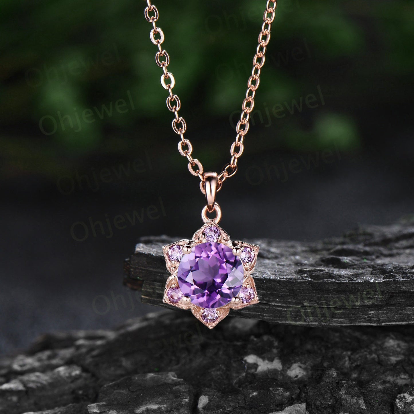 Vintage round purple amethyst necklace art deco milgrain floral unique Pendant women solid 14k rose gold crystal anniversary gift for her