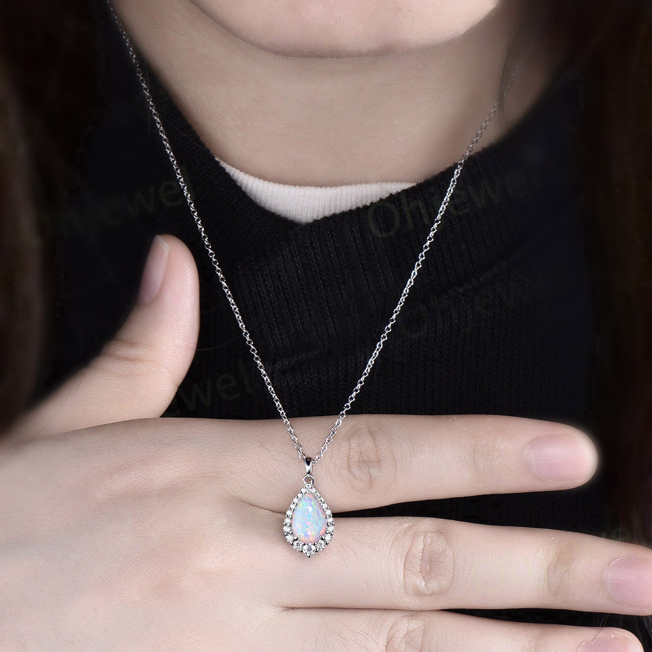 Pear cut white opal necklace snowdrift halo diamond moissanite Pendant women 14k rose gold October birthstone anniversary gift jewelry