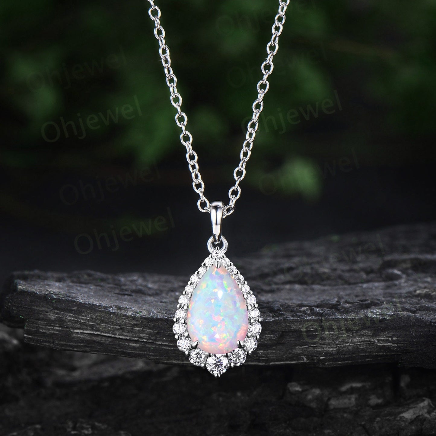 Pear cut white opal necklace snowdrift halo diamond moissanite Pendant women 14k rose gold October birthstone anniversary gift jewelry