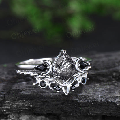Vintage pear black rutilated quartz engagement ring white gold art deco moon ring set black stone unique anniversary promise ring women her