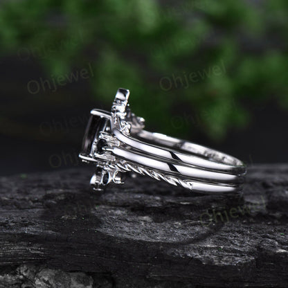Vintage pear black rutilated quartz engagement ring white gold art deco moon ring set black stone unique anniversary promise ring women her