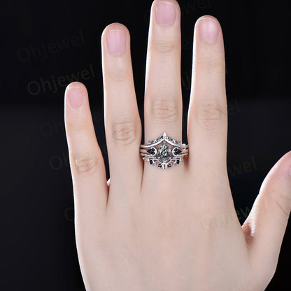 Vintage pear black rutilated quartz engagement ring white gold art deco moon ring set black stone unique anniversary promise ring women her