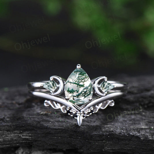 Three stone kite pear green moss agate engagement ring solid 14k white gold vintage black diamond moon bridal promise ring women jewelry