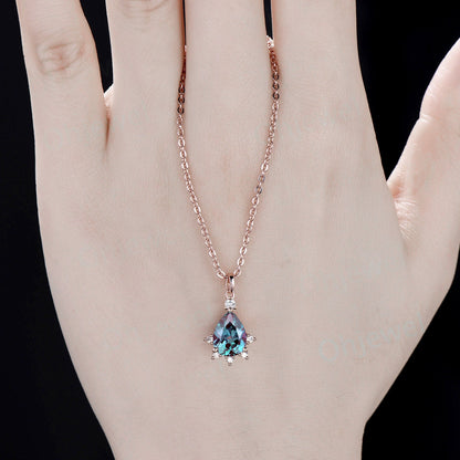 Unique pear cut Alexandrite necklace snowdrift cluster diamond moissanite Pendant women solid 14k rose gold promise bridal gift jewelry