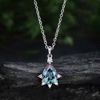 Unique pear cut Alexandrite necklace snowdrift cluster diamond moissanite Pendant women solid 14k rose gold promise bridal gift jewelry
