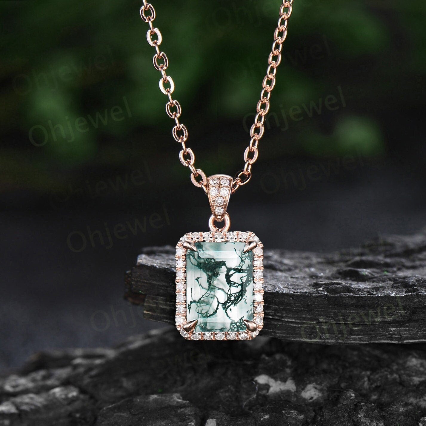 7x9mm emerald cut green moss agate necklace solid 14k rose gold unique halo diamond Pendant women Personalized antique anniversary gift her