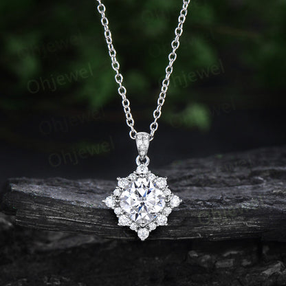 Cushion cut moissanite necklace solid 14k rose gold unique snowdrift halo diamond Pendant bridal wedding anniversary gift for women her