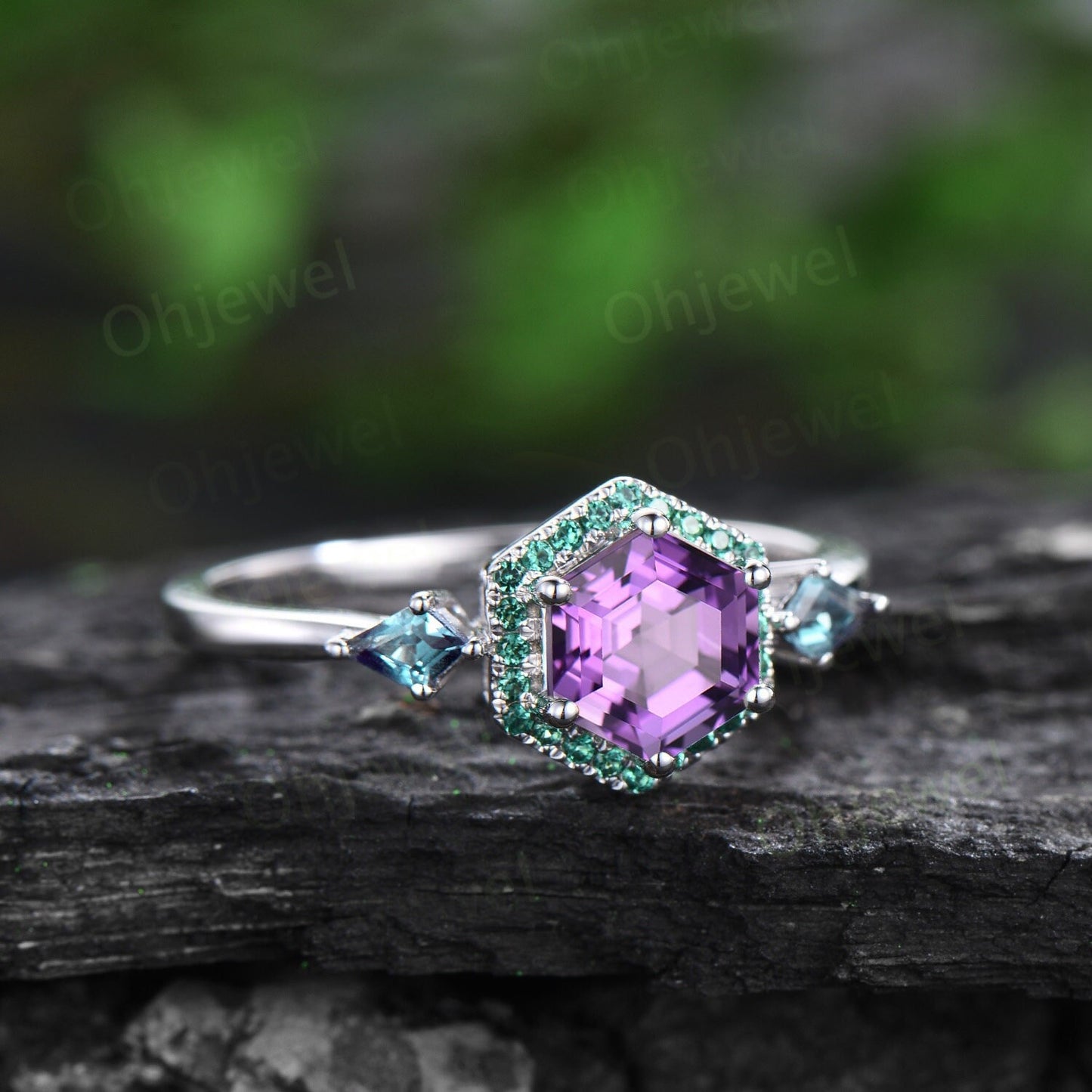 Hexagon cut purple Amethyst ring white gold halo emerald ring vintage kite cut alexandrite ring women unique engagement ring gemstone ring