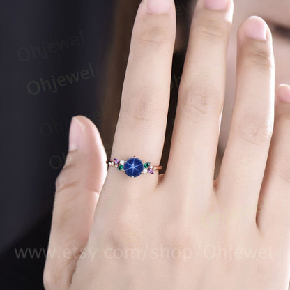 Round star sapphire ring vintage amethyst emerald ring rose gold unique cluster snowdrift engagement ring unique anniversary ring women gift