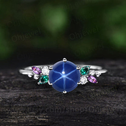 Round star sapphire ring vintage amethyst emerald ring rose gold unique cluster snowdrift engagement ring unique anniversary ring women gift