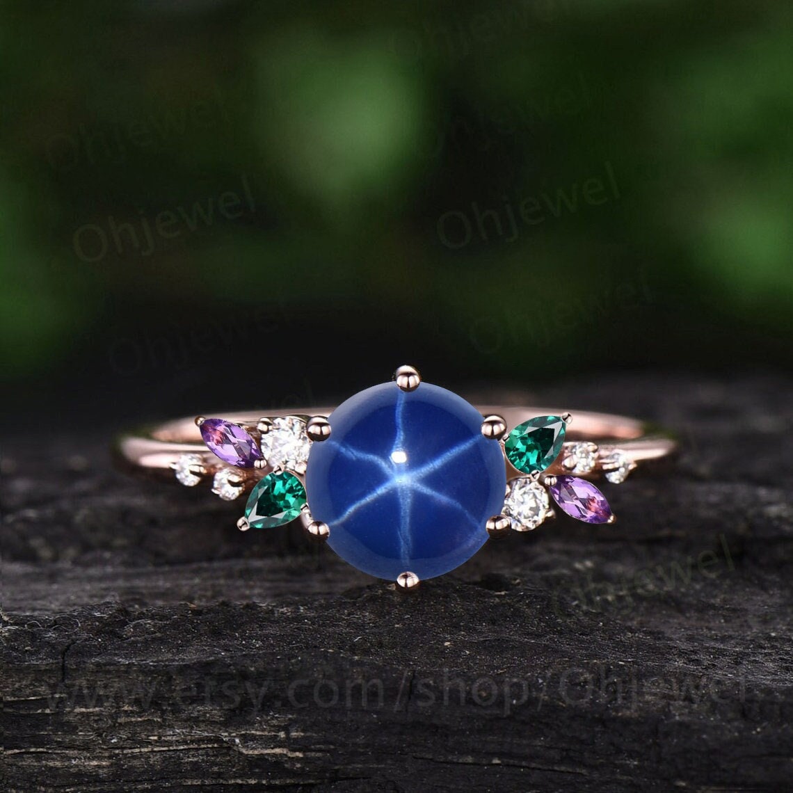 Round star sapphire ring vintage amethyst emerald ring rose gold unique cluster snowdrift engagement ring unique anniversary ring women gift