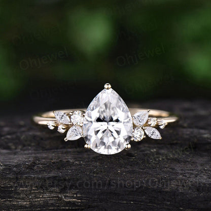 Unique pear shaped moissanite engagement ring solid 14k rose gold cluster snowdrift diamond bridal promise wedding anniversary ring women