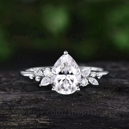 Unique pear shaped moissanite engagement ring solid 14k rose gold cluster snowdrift diamond bridal promise wedding anniversary ring women