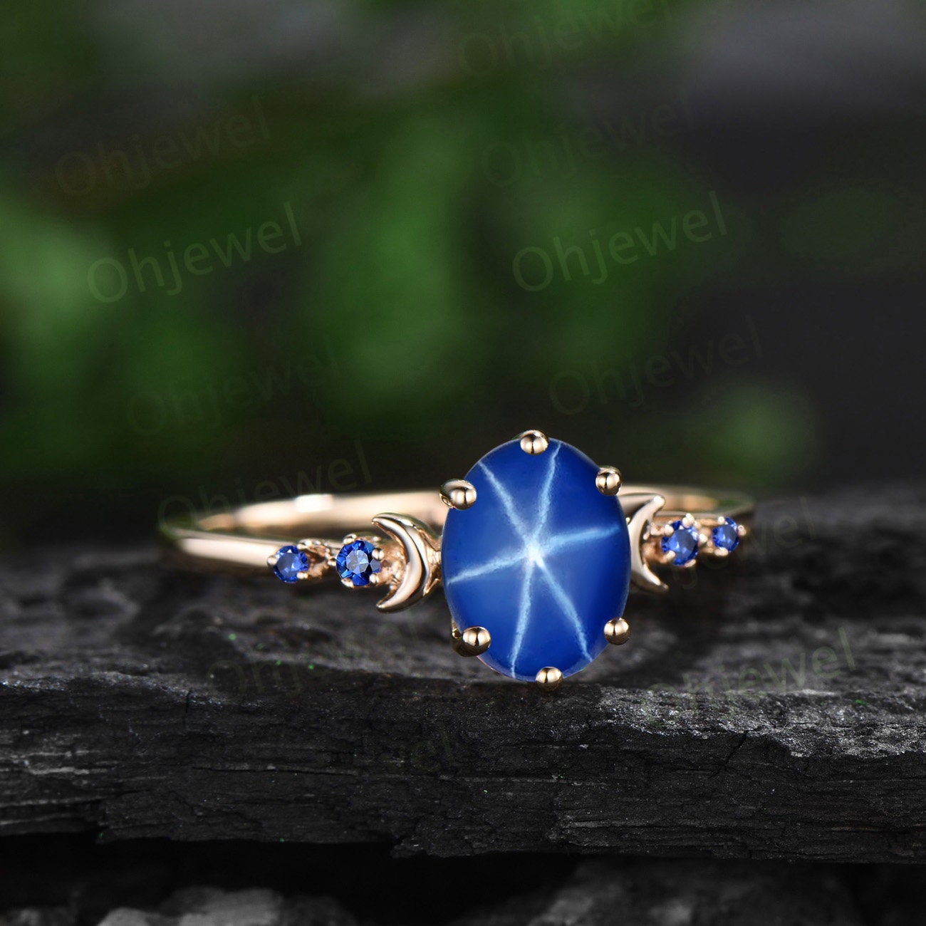 Oval star sapphire ring moon opal wedding ring set art deco five stone unique engagement ring women yellow gold anniversary ring gift