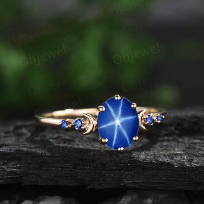 Oval star sapphire ring moon opal wedding ring set art deco five stone unique engagement ring women yellow gold anniversary ring gift