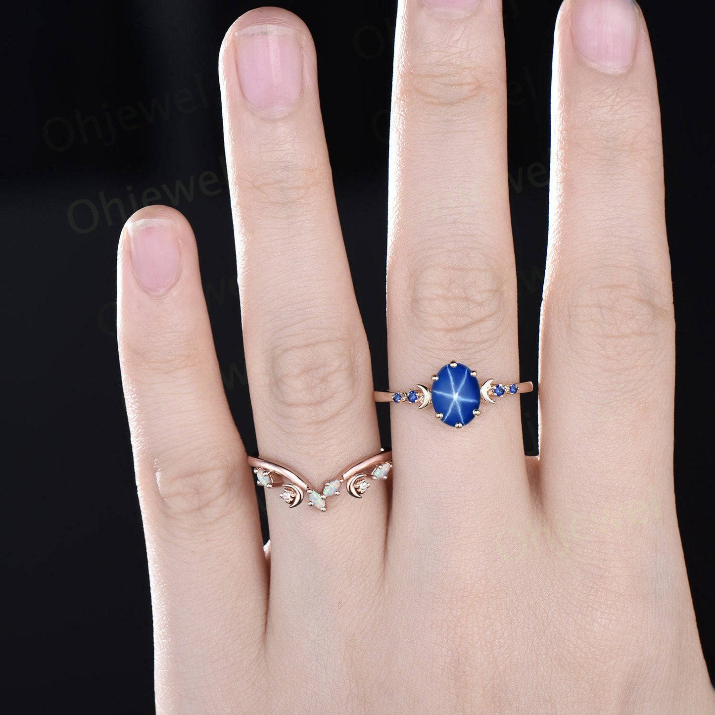 Oval star sapphire ring moon opal wedding ring set art deco five stone unique engagement ring women yellow gold anniversary ring gift