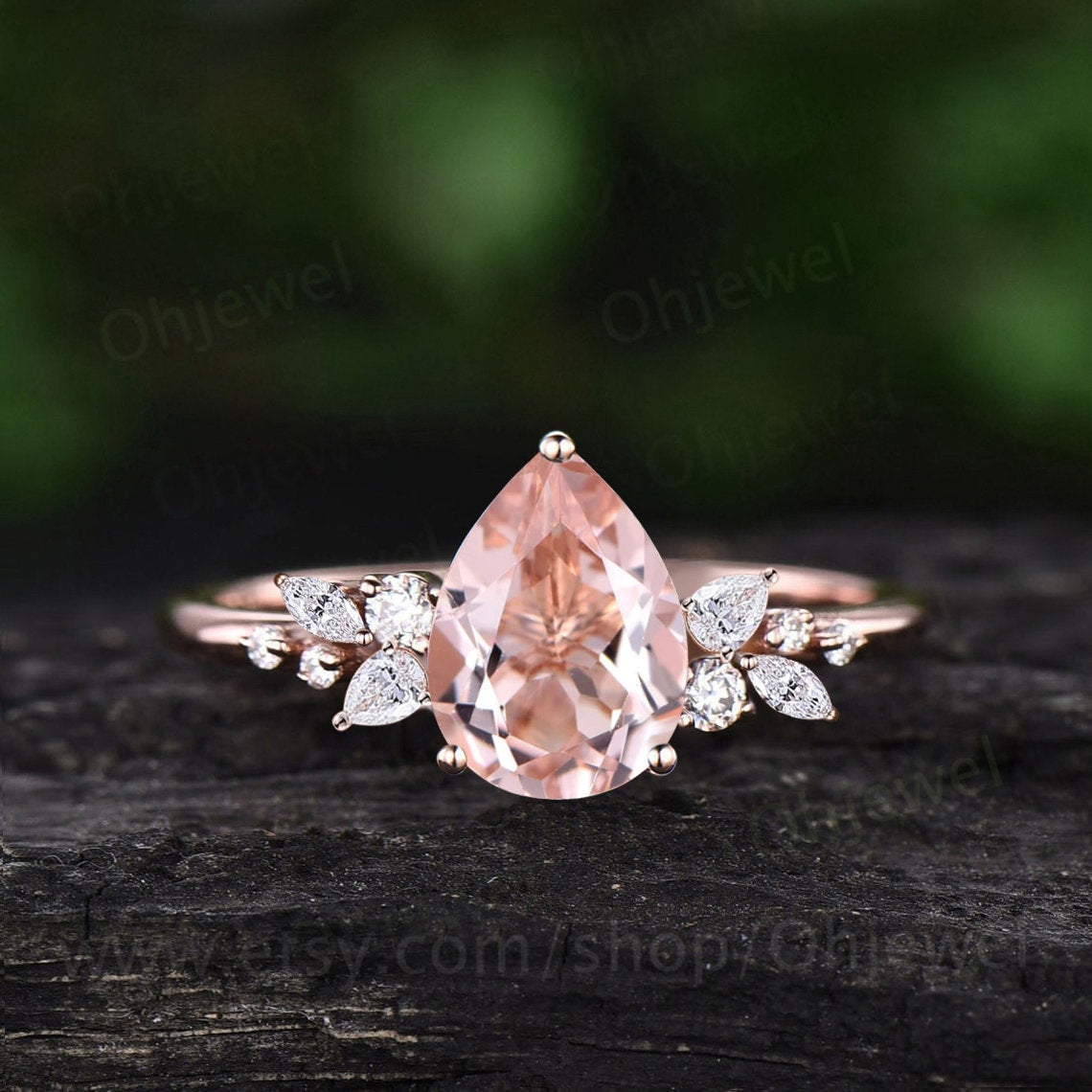 Unique pear shaped morganite engagement ring solid 14k rose gold cluster snowdrift diamond bridal promise wedding anniversary ring women
