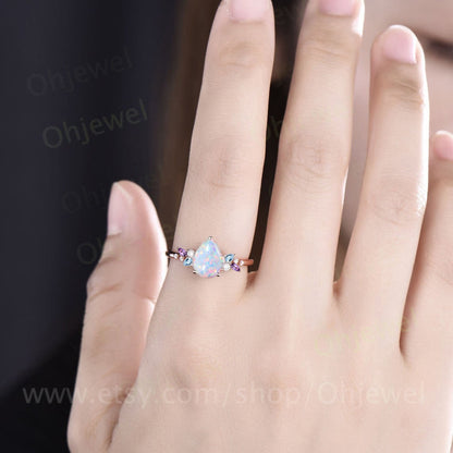 Unique pear shaped white opal engagement ring solid 14k rose gold cluster snowdrift amethyst topaz diamond bridal anniversary ring women