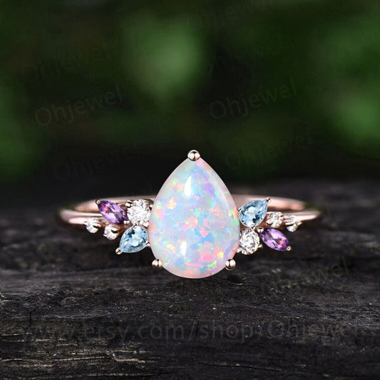 Unique pear shaped white opal engagement ring solid 14k rose gold cluster snowdrift amethyst topaz diamond bridal anniversary ring women