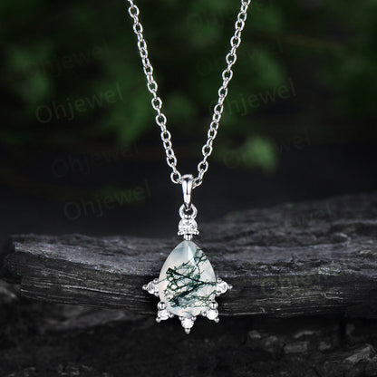 Unique pear cut green moss agate necklace snowdrift cluster diamond moissanite Pendant women solid 14k rose gold promise bridal gift jewelry