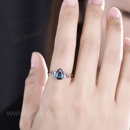 Unique pear shaped alexandrite engagement ring solid 14k rose gold cluster snowdrift amethyst topaz diamond bridal anniversary ring women