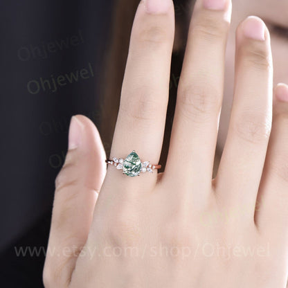 Unique pear cut moss agate engagement ring solid 14k rose gold cluster snowdrift diamond bridal promise wedding anniversary ring women