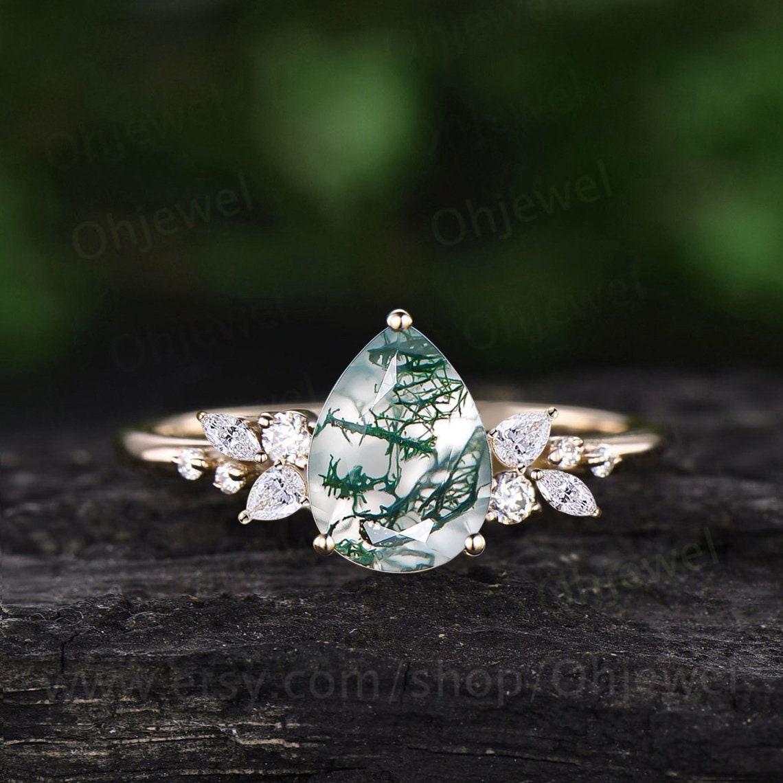 Unique pear cut moss agate engagement ring solid 14k rose gold cluster snowdrift diamond bridal promise wedding anniversary ring women