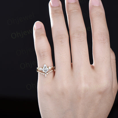 Vintage kite cut moissanite engagement ring solid 14k yellow gold art deco eternity twisted diamond anniversary promise ring women gift