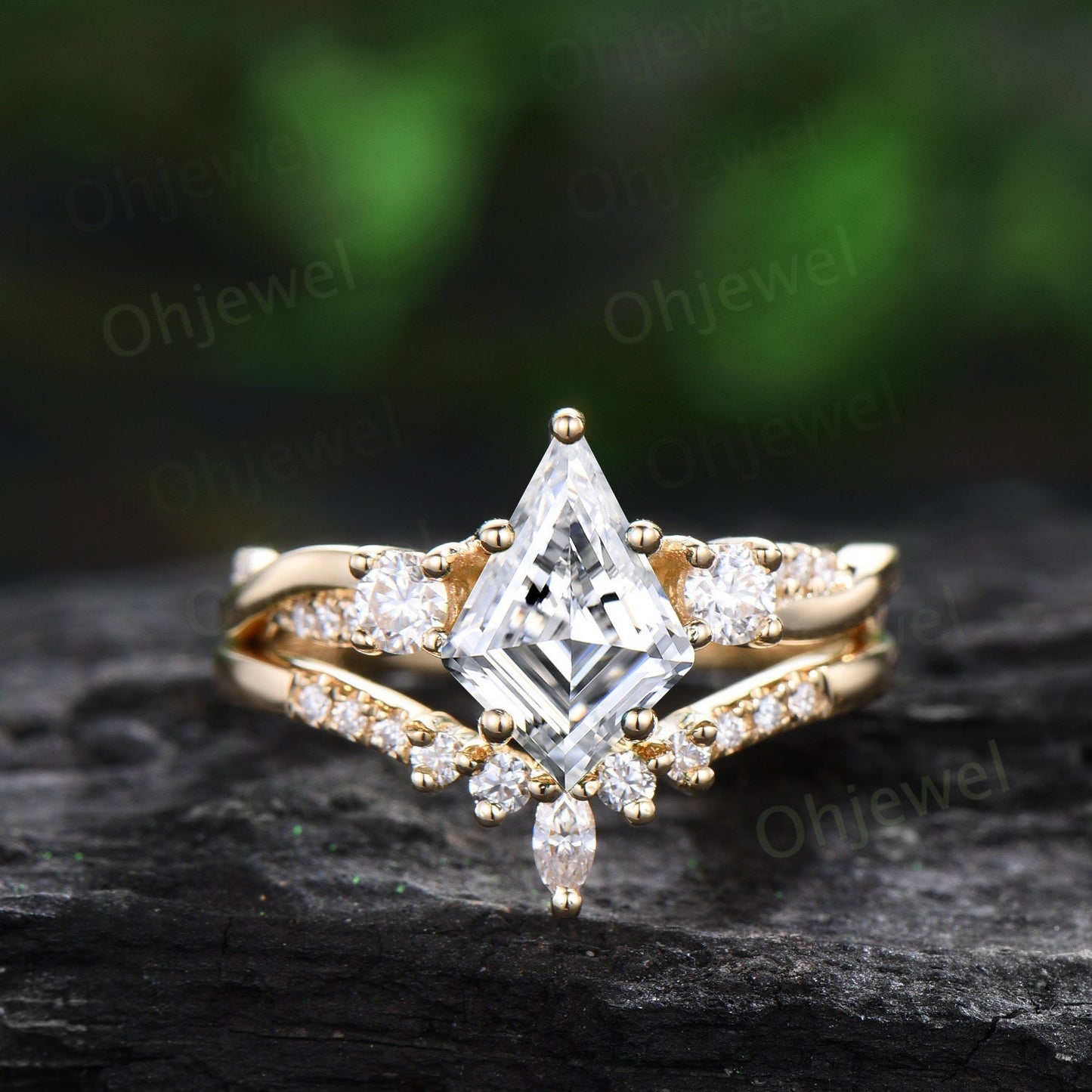 Vintage kite cut moissanite engagement ring solid 14k yellow gold art deco eternity twisted diamond anniversary promise ring women gift