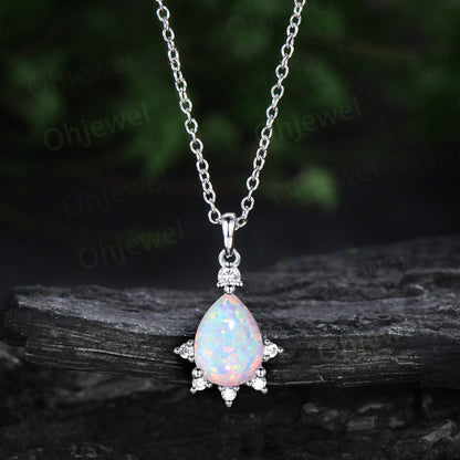 Unique pear cut white opal necklace snowdrift cluster diamond moissanite Pendant women solid 14k rose gold promise bridal gift jewelry