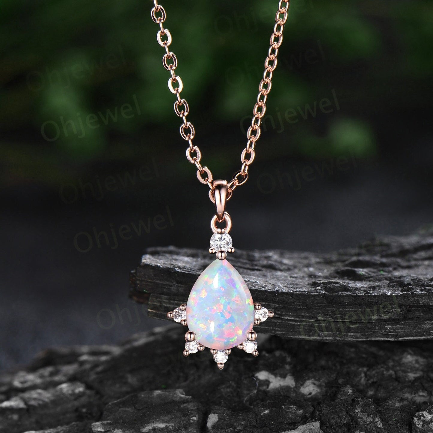 Unique pear cut white opal necklace snowdrift cluster diamond moissanite Pendant women solid 14k rose gold promise bridal gift jewelry
