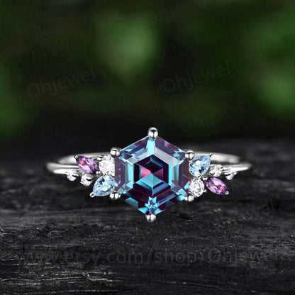 Unique Hexagon cut alexandrite engagement ring solid 14k rose gold cluster snowdrift amethyst topaz diamond bridal anniversary ring women