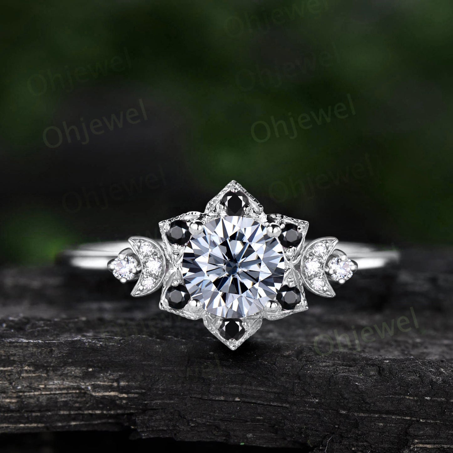 Vintage 1ct round gray moissanite engagement ring rose gold milgrain floral moon black onyx diamond ring women unique promise ring her gift