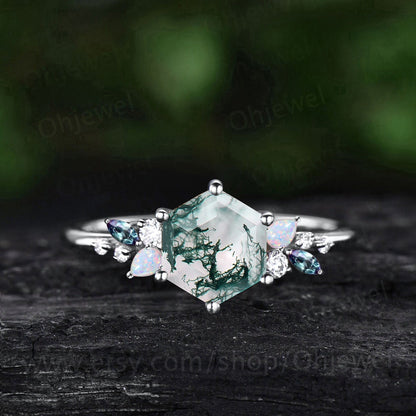 Hexagon cut green moss agate engagement ring solid 14k rose gold cluster snowdrift opal alexandrite diamond wedding anniversary ring women