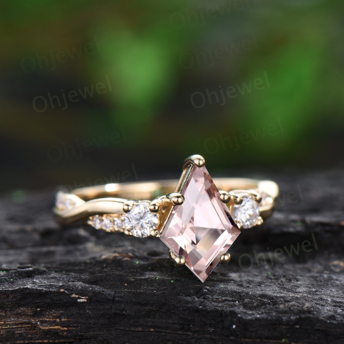 Vintage kite cut morganite engagement ring solid 14k yellow gold art deco eternity twisted diamond anniversary promise ring women her gift