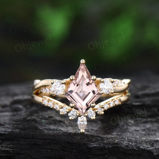 Vintage kite cut morganite engagement ring solid 14k yellow gold art deco eternity twisted diamond anniversary promise ring women her gift