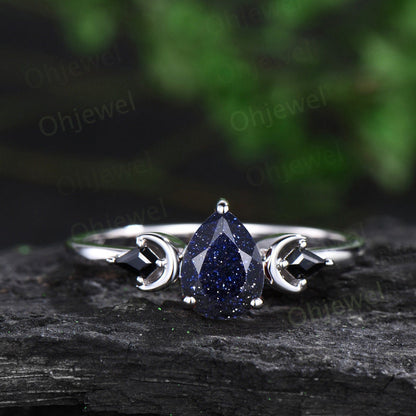 Vintage pear cut blue sandstone engagement ring white gold art deco sapphire moon ring set unique anniversary promise ring set women her