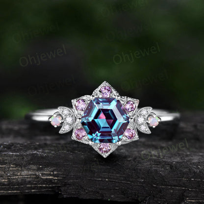 Vintage Hexagon alexandrite engagement ring rose gold milgrain floral moon amethyst opal ring women unique wedding anniversary ring gift