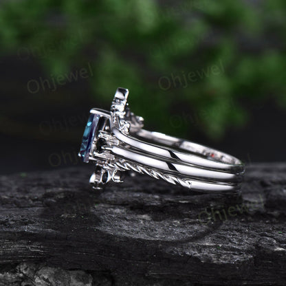 Vintage pear alexandrite engagement ring 14k white gold three stone kite moss agate moon ring set unique anniversary promise ring women her