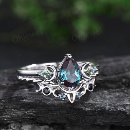 Vintage pear alexandrite engagement ring 14k white gold three stone kite moss agate moon ring set unique anniversary promise ring women her
