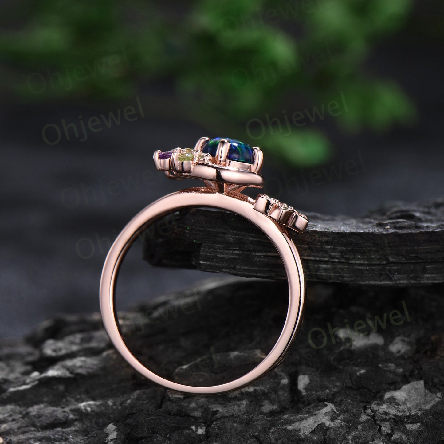 Round black opal ring vintage cluster peridot amethyst ring rose gold unique moon engagement ring retro star flower anniversary ring women