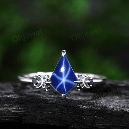 Moon black diamond ring vintage kite blue star sapphire engagement ring set 14k white gold retro unique anniversary wedding ring set women